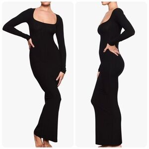 SKIMS Soft Ribbed Modal Lounge Long Sleeve Maxi Dress Black Small